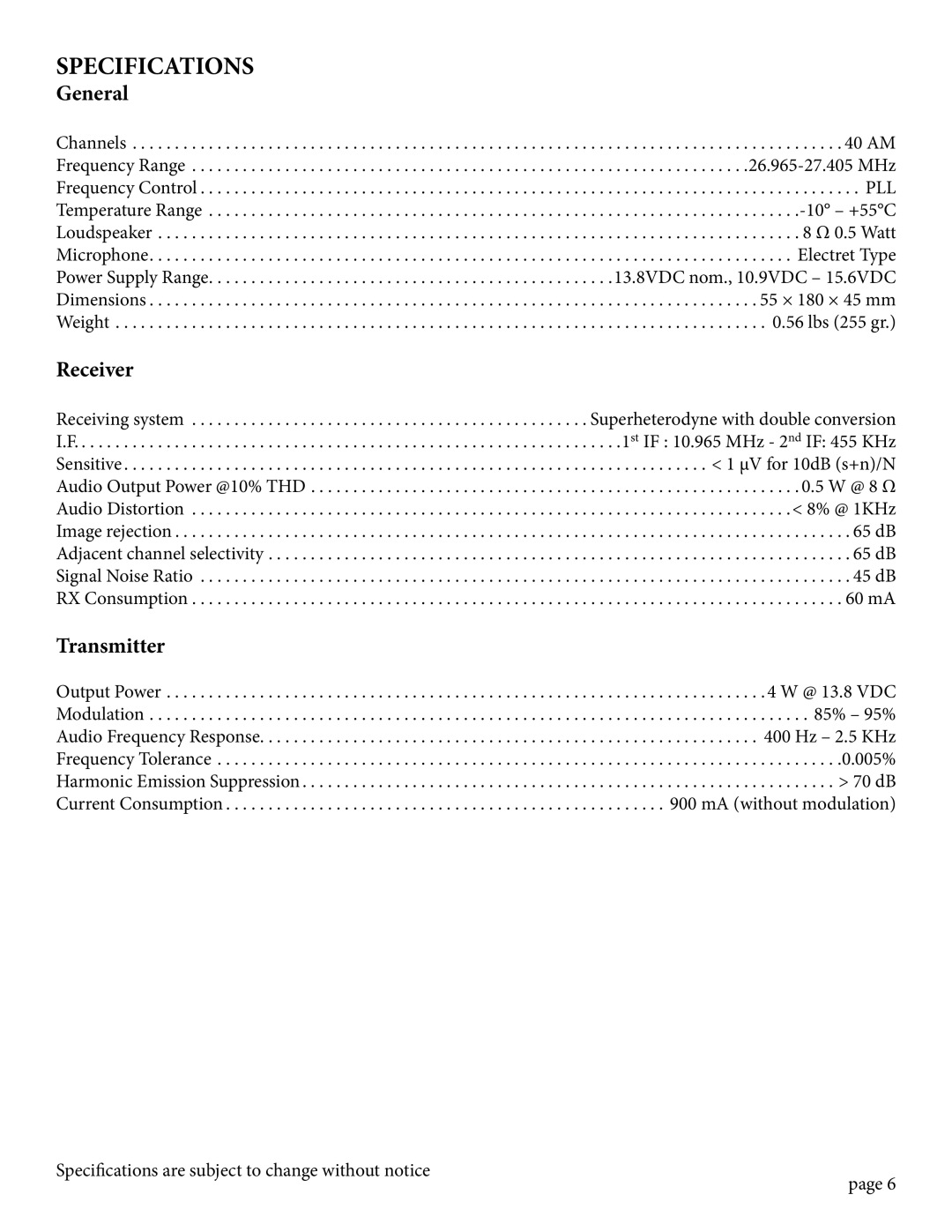 Midland Radio 75-785, HANDHELD CB RADIO owner manual Specifications, General, Receiver, Transmitter 