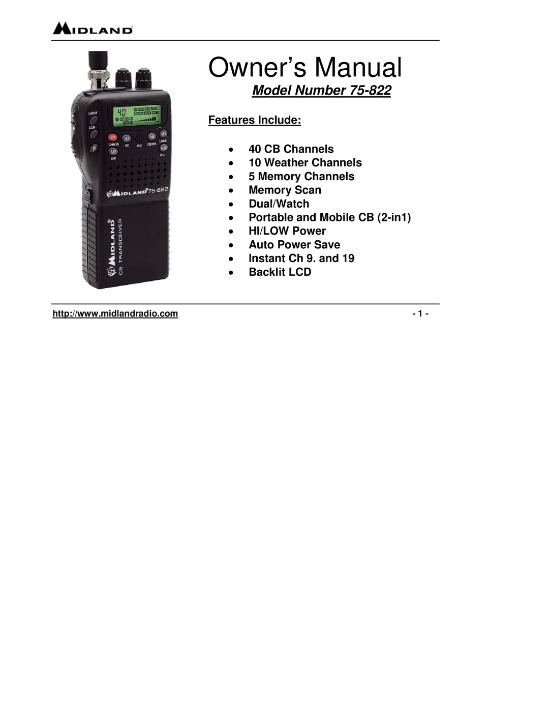 Midland Radio 75-822 owner manual Model Number 