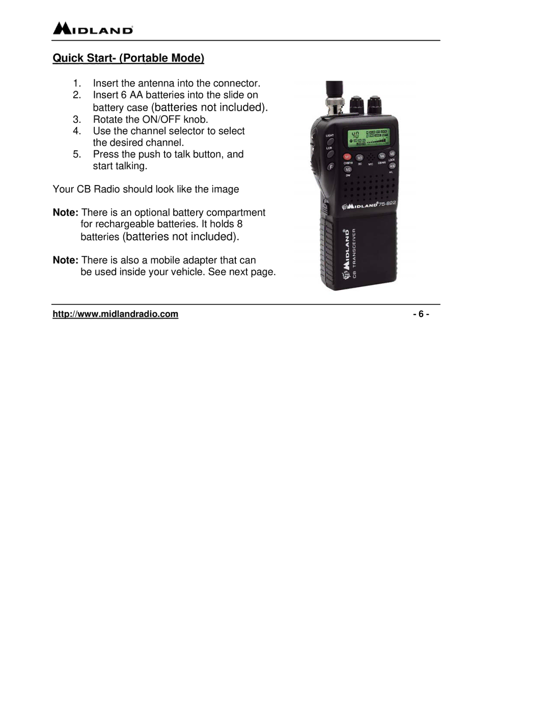 Midland Radio 75-822 owner manual Quick Start- Portable Mode 