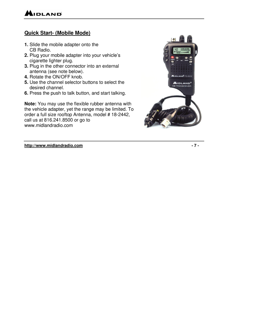 Midland Radio 75-822 owner manual Quick Start- Mobile Mode 