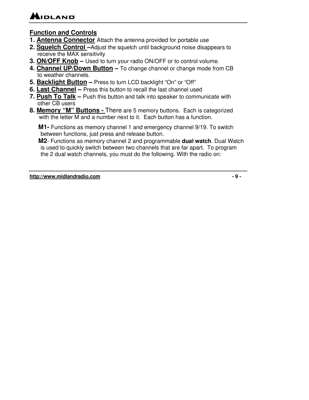 Midland Radio 75-822 owner manual Function and Controls 