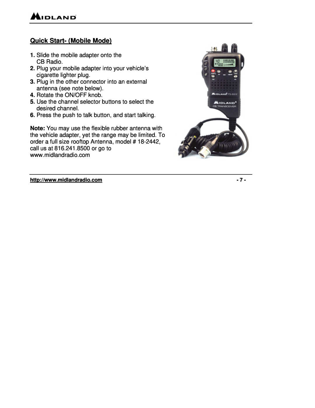 Midland Radio 75-822 Quick Start- Mobile Mode, Slide the mobile adapter onto the CB Radio, Rotate the ON/OFF knob 