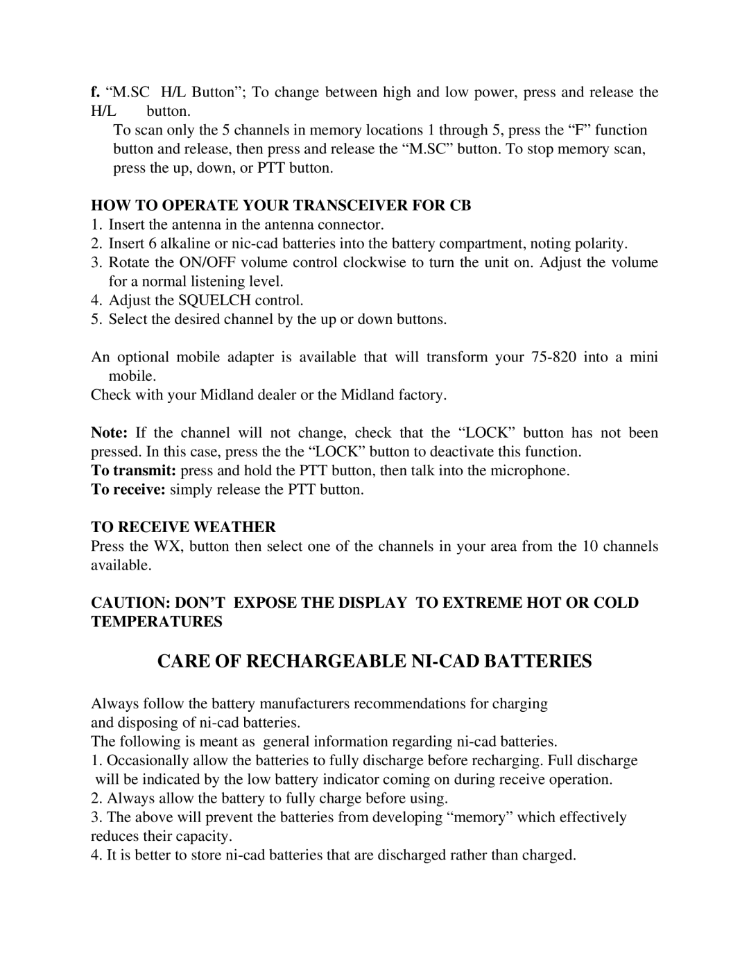 Midland Radio 75.82 Care of Rechargeable NI-CAD Batteries, HOW to Operate Your Transceiver for CB, To Receive Weather 