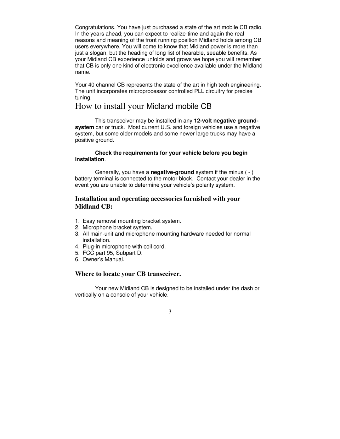 Midland Radio 77-092 manual How to install your Midland mobile CB, Where to locate your CB transceiver 