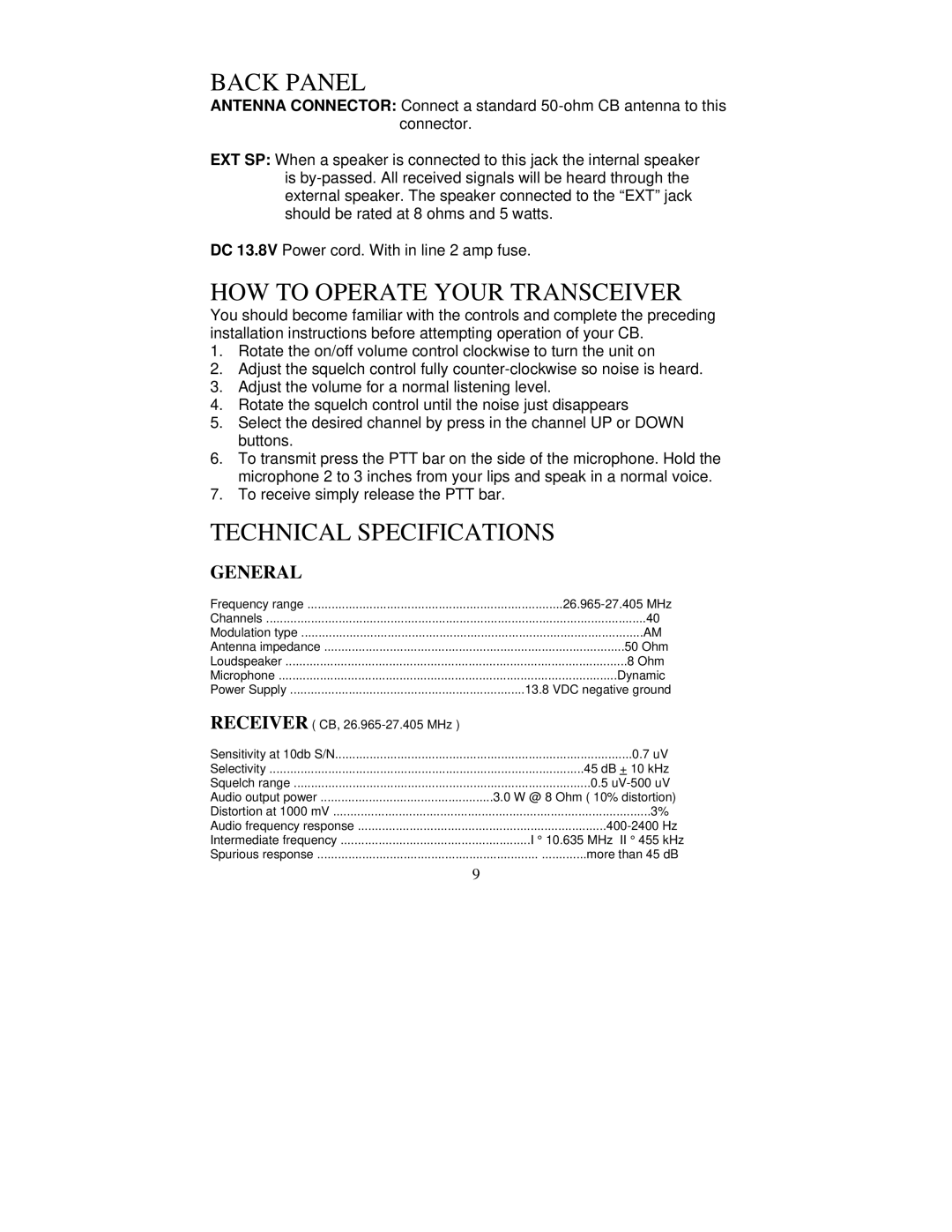 Midland Radio 77-092 manual Back Panel, HOW to Operate Your Transceiver, Technical Specifications 