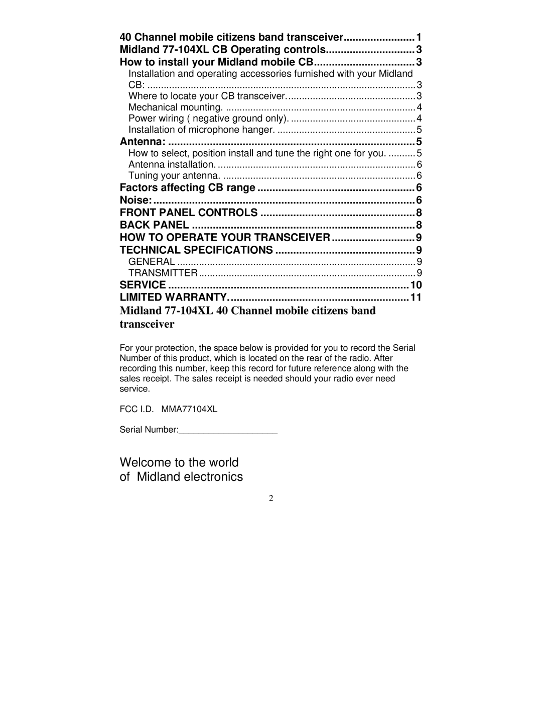 Midland Radio 77-104XL manual Welcome to the world of Midland electronics 