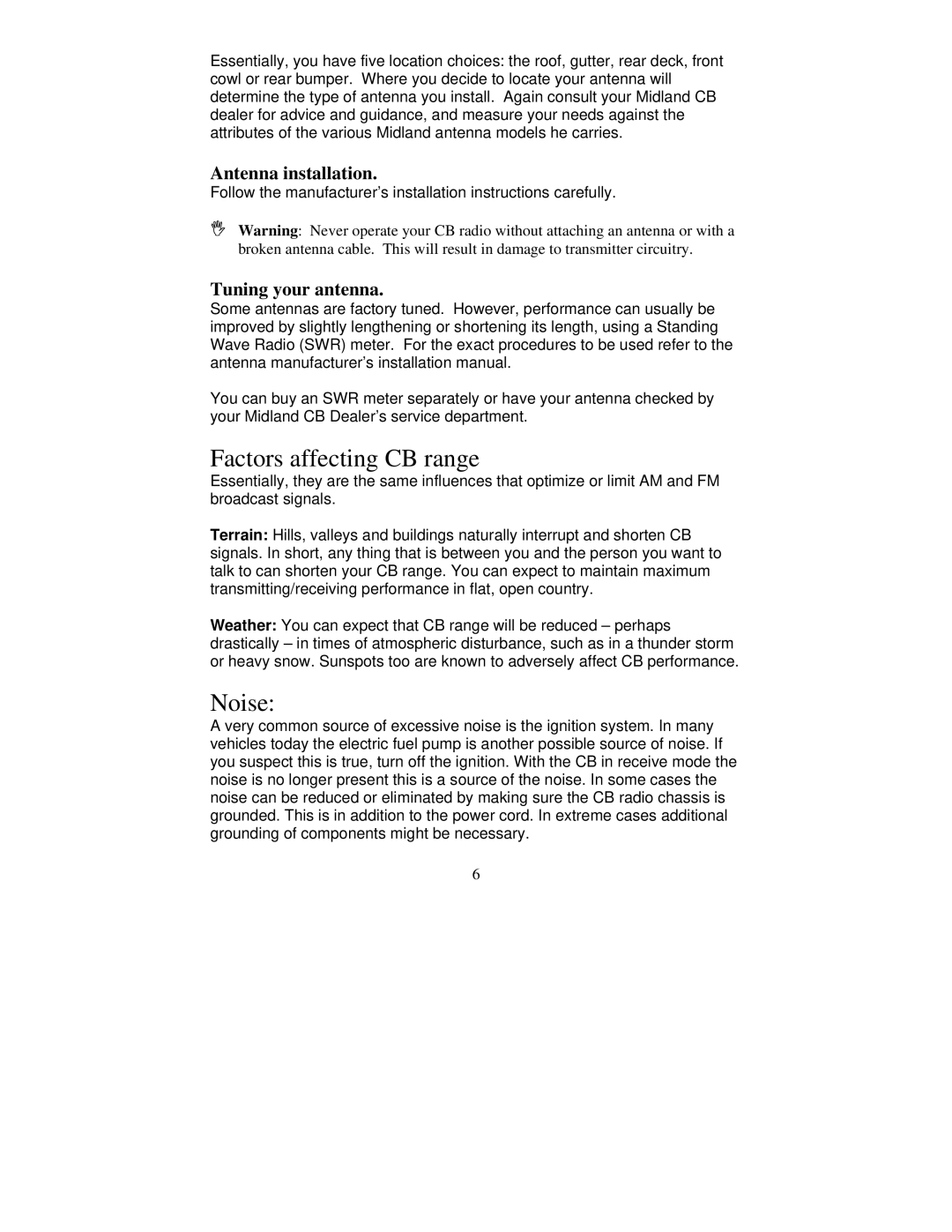 Midland Radio 77-104XL manual Factors affecting CB range, Noise, Antenna installation, Tuning your antenna 