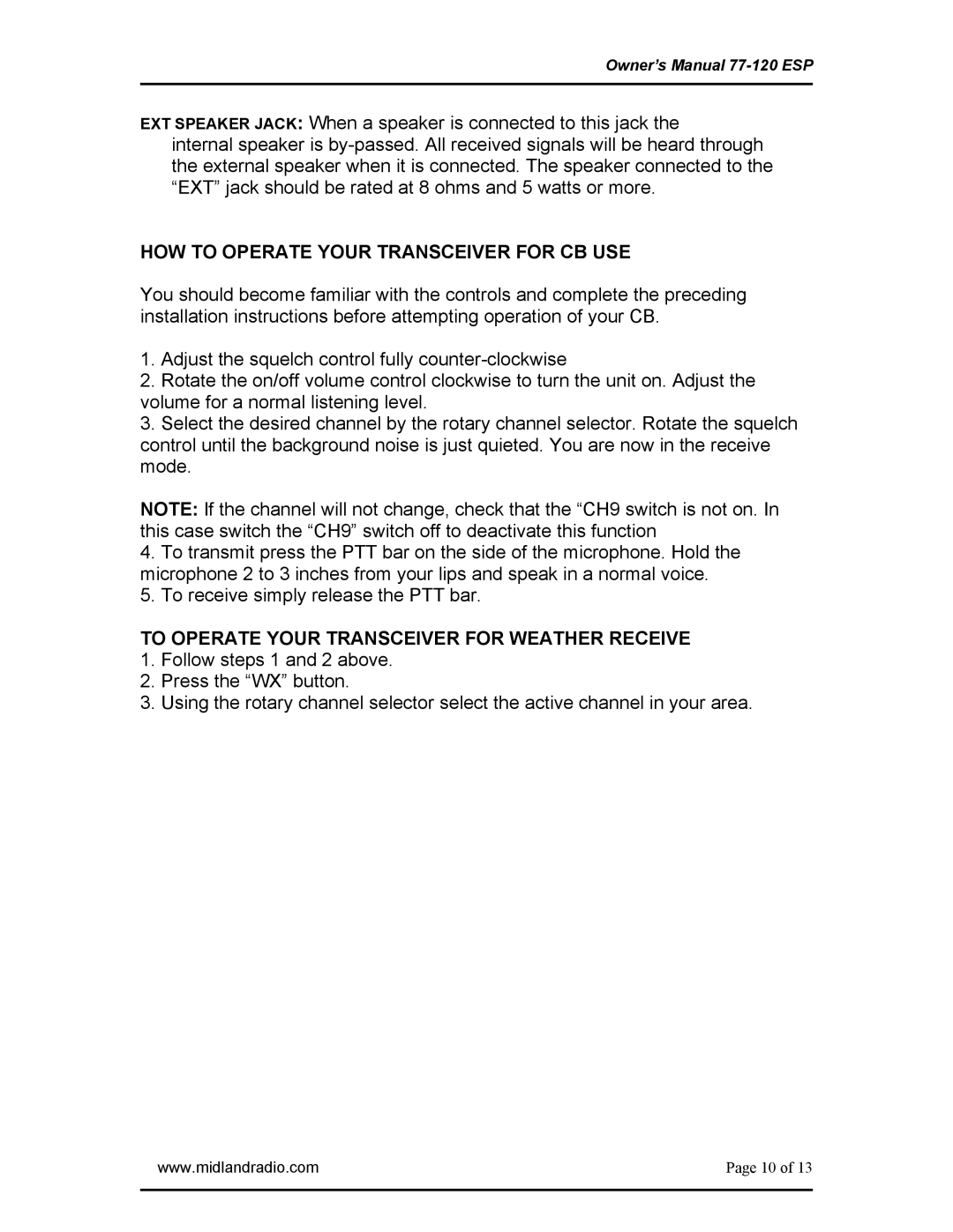 Midland Radio 77-120ESP HOW to Operate Your Transceiver for CB USE, To Operate Your Transceiver for Weather Receive 