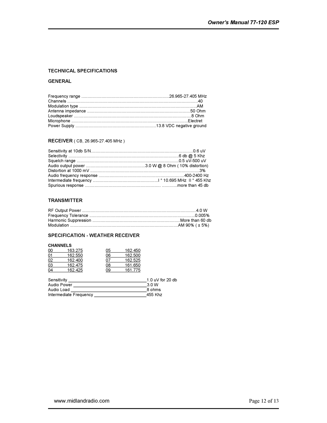 Midland Radio 77-120ESP owner manual Technical Specifications General 