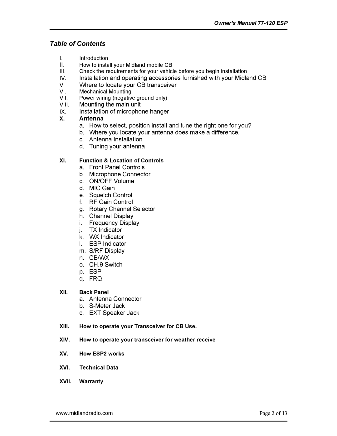 Midland Radio 77-120ESP owner manual Table of Contents 