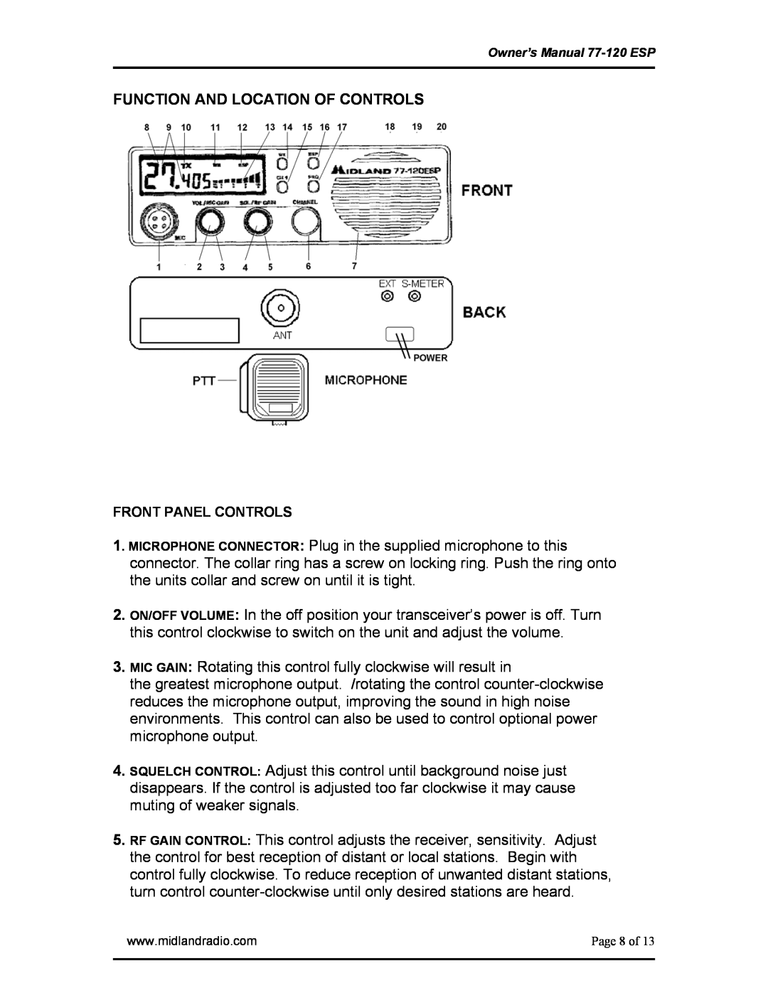 Midland Radio 77-120ESP owner manual Function And Location Of Controls, Front Panel Controls 