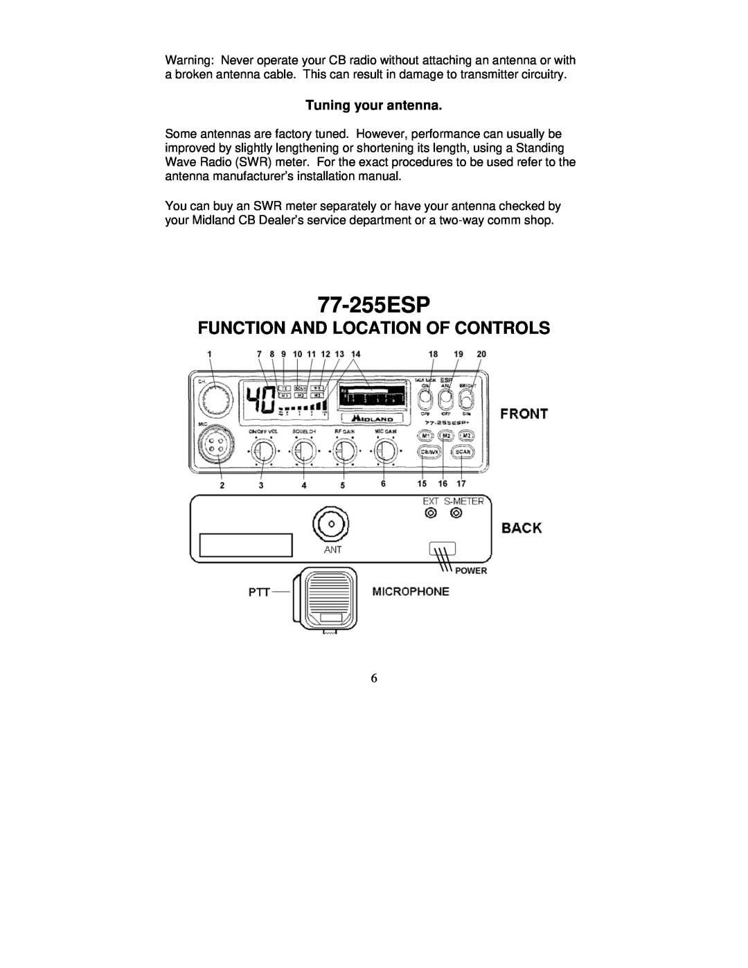 Midland Radio 77-255ESP manual Function And Location Of Controls, Tuning your antenna 