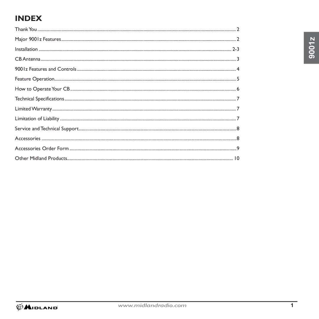 Midland Radio 9001Z technical specifications Index 