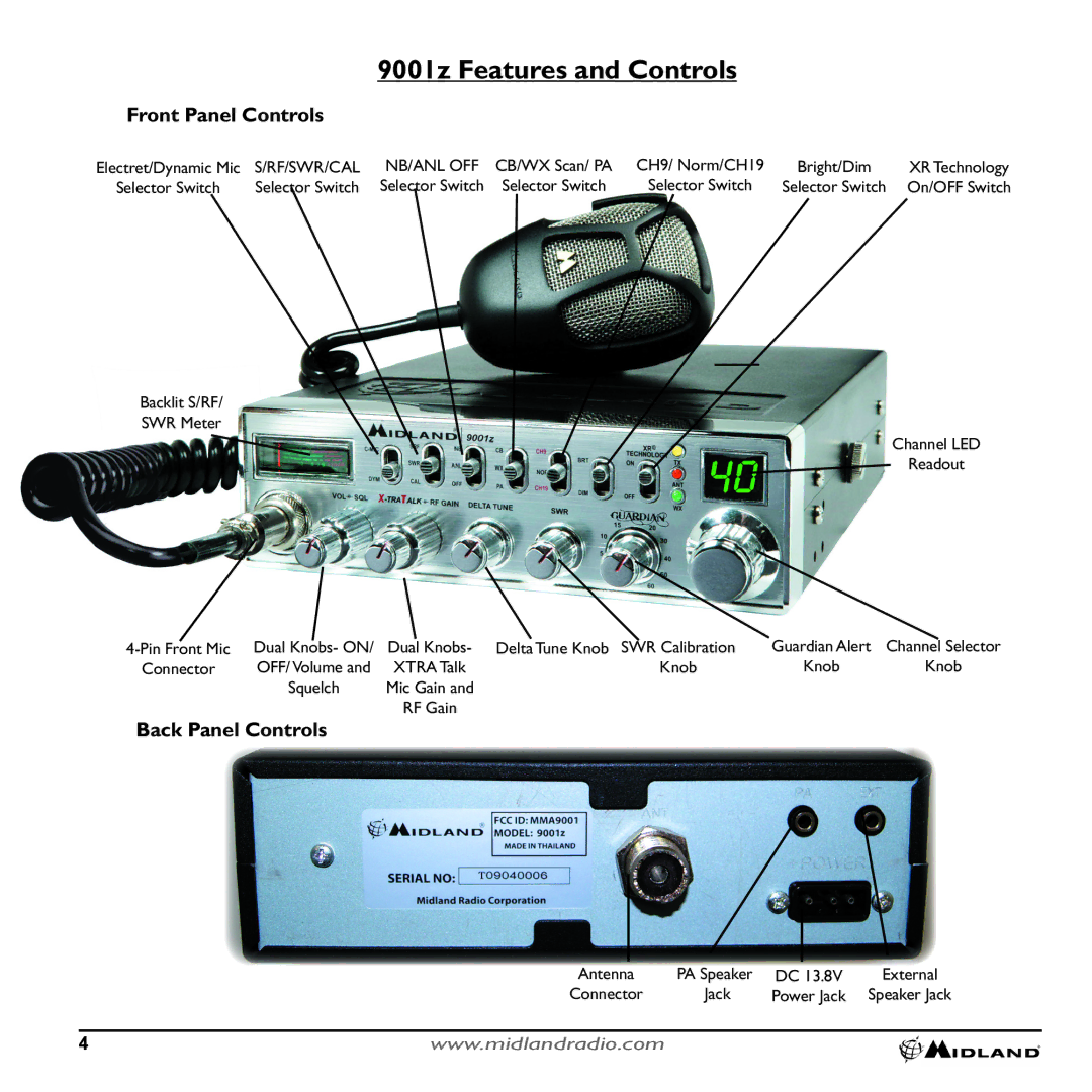 Midland Radio 9001Z technical specifications 9001z Features and Controls, Front Panel Controls 