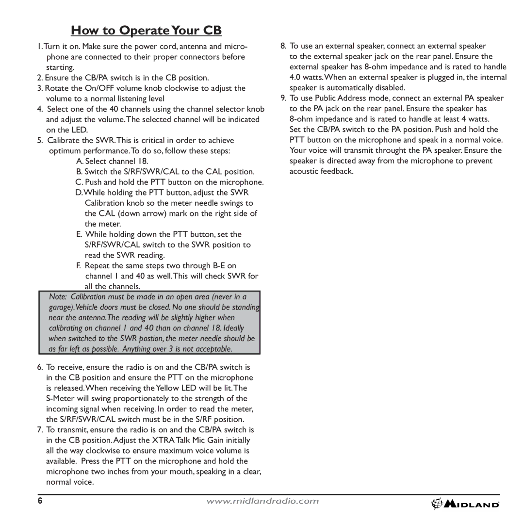 Midland Radio 9001Z technical specifications How to OperateYour CB, All the channels 