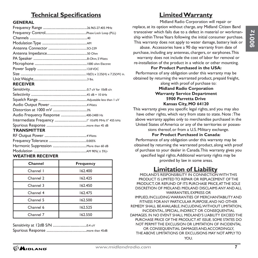 Midland Radio 9001Z Technical Speciﬁcations, Limited Warranty, Limitation of Liability, For Product Purchased in the USA 