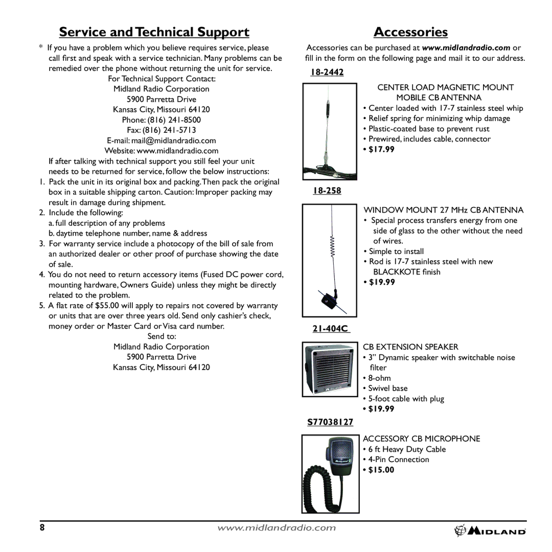 Midland Radio 9001Z technical specifications Service and Technical Support, Accessories 