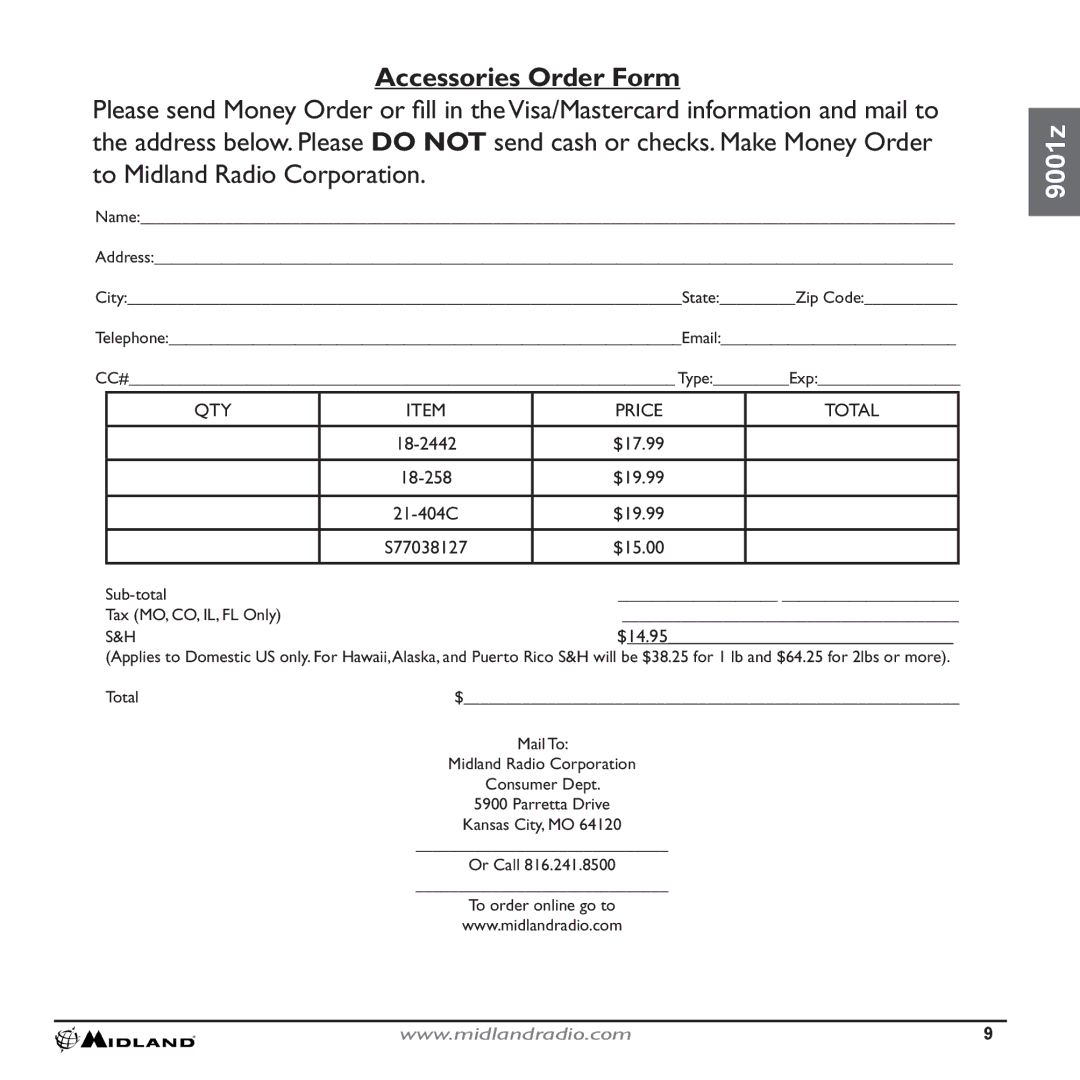 Midland Radio 9001Z technical specifications Accessories Order Form, $17.99, $19.99, $15.00 