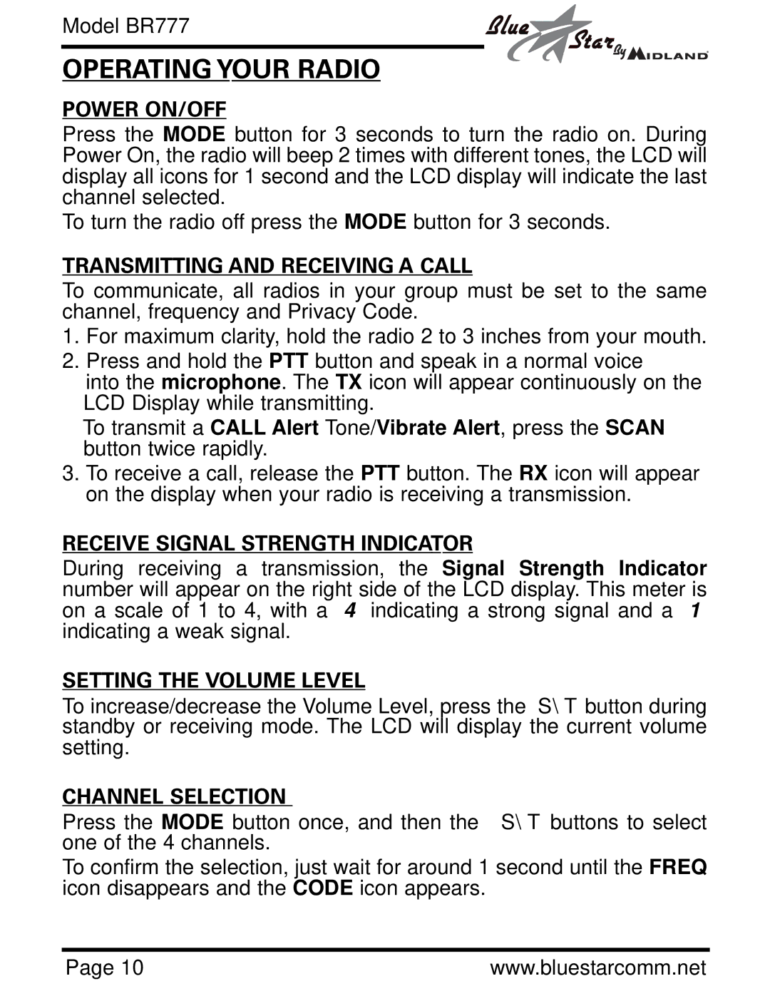 Midland Radio BR777 owner manual Operating Your Radio 