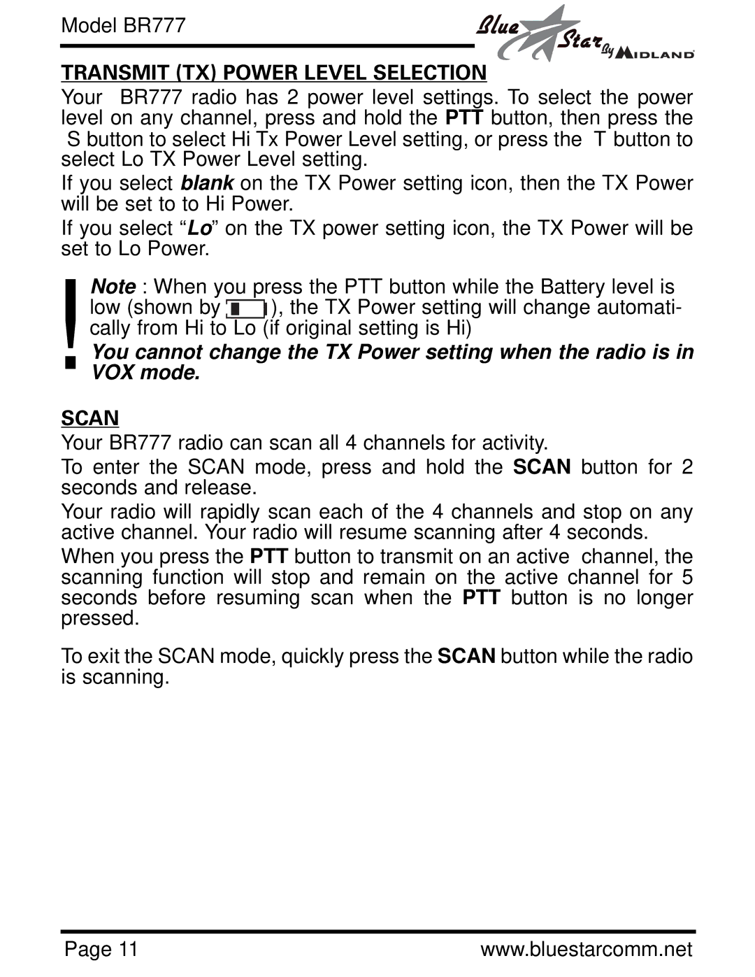 Midland Radio BR777 owner manual Transmit TX Power Level Selection, Scan 