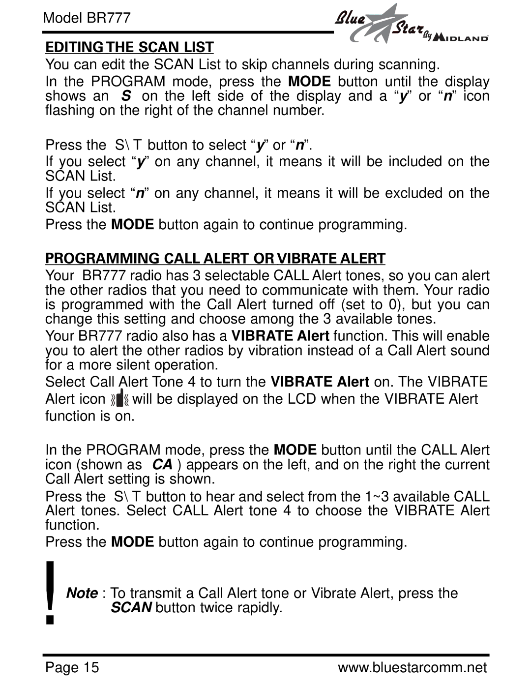 Midland Radio BR777 owner manual Editing the Scan List, Programming Call Alert or Vibrate Alert 