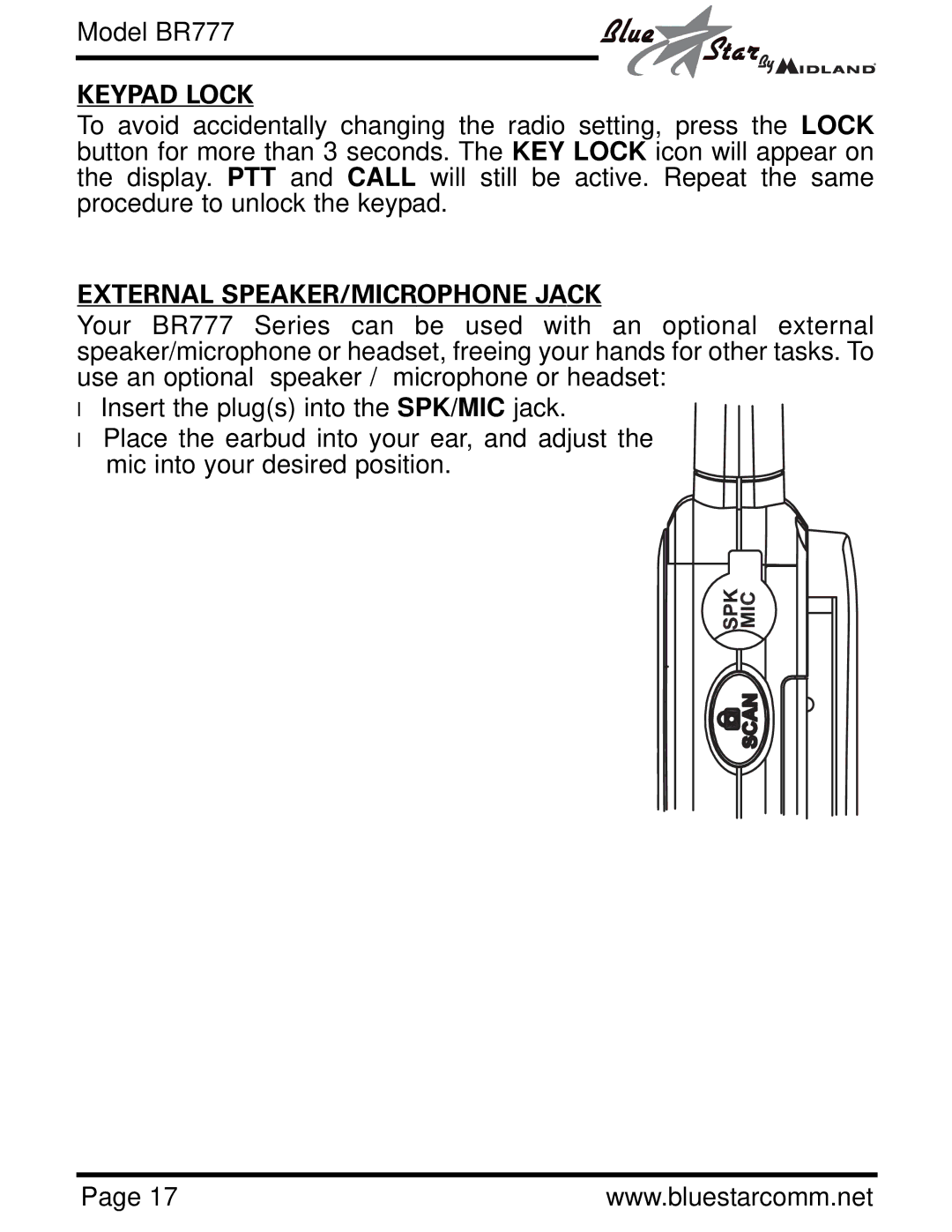 Midland Radio BR777 owner manual Keypad Lock, External SPEAKER/MICROPHONE Jack 