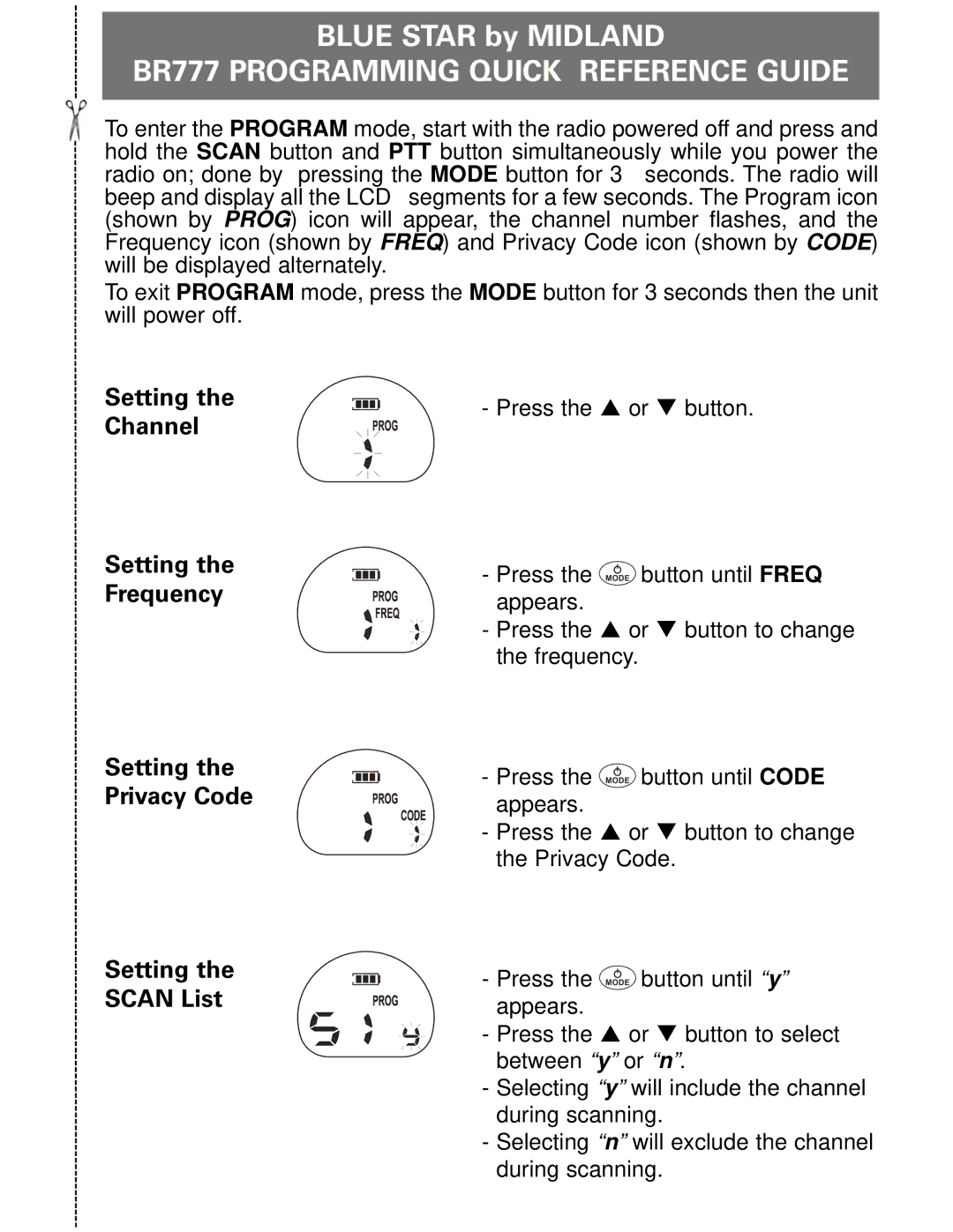 Midland Radio owner manual BR777 Programming Quick Reference Guide 