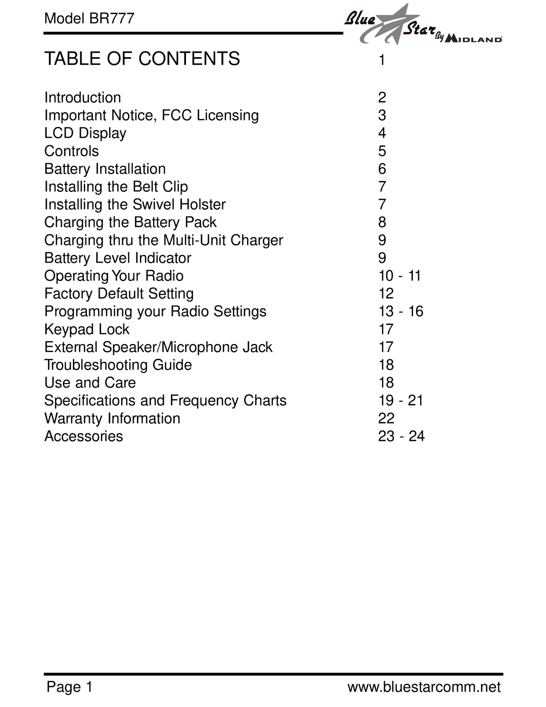 Midland Radio BR777 owner manual Table of Contents 