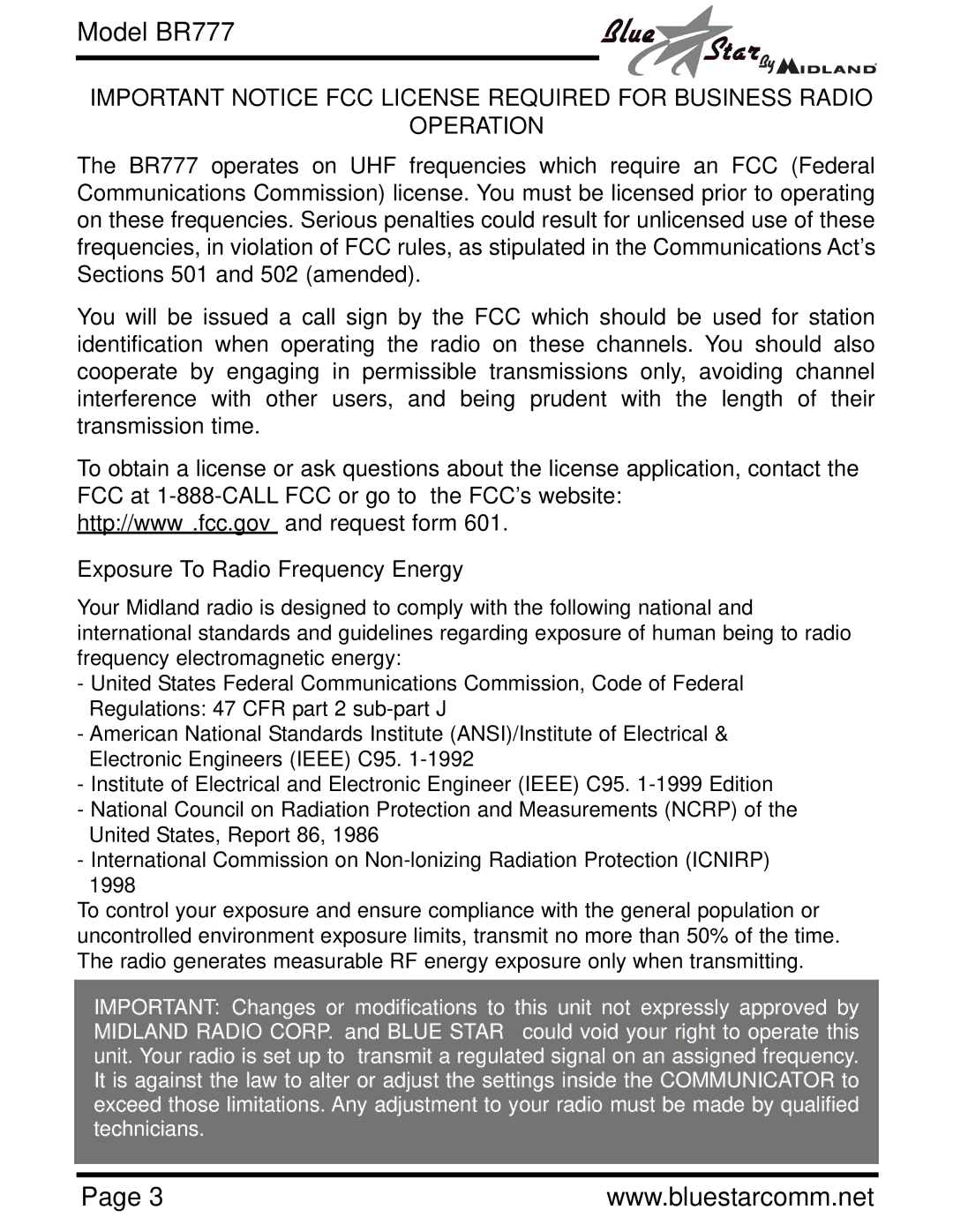 Midland Radio BR777 owner manual Exposure To Radio Frequency Energy 