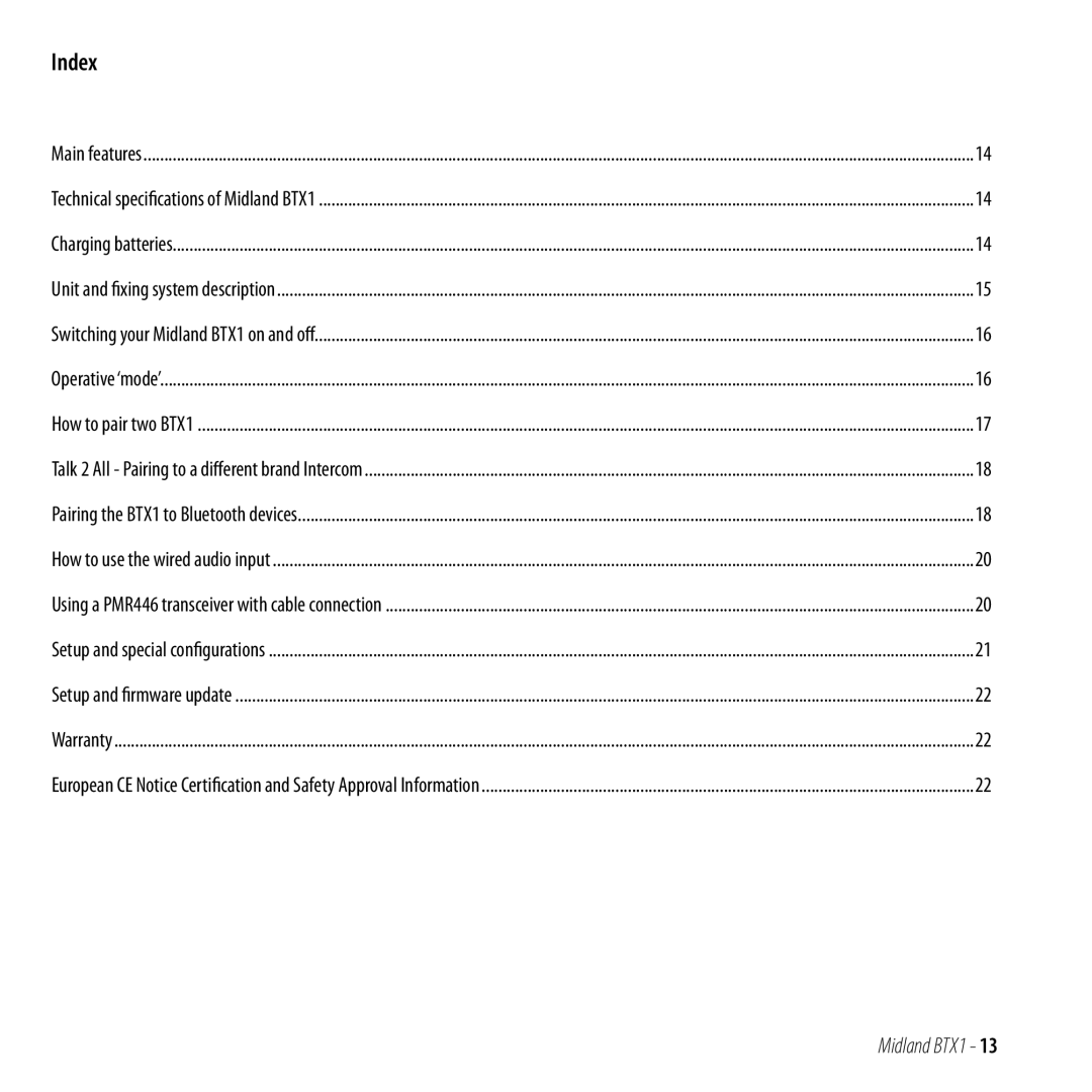 Midland Radio BTX1 manual Index 