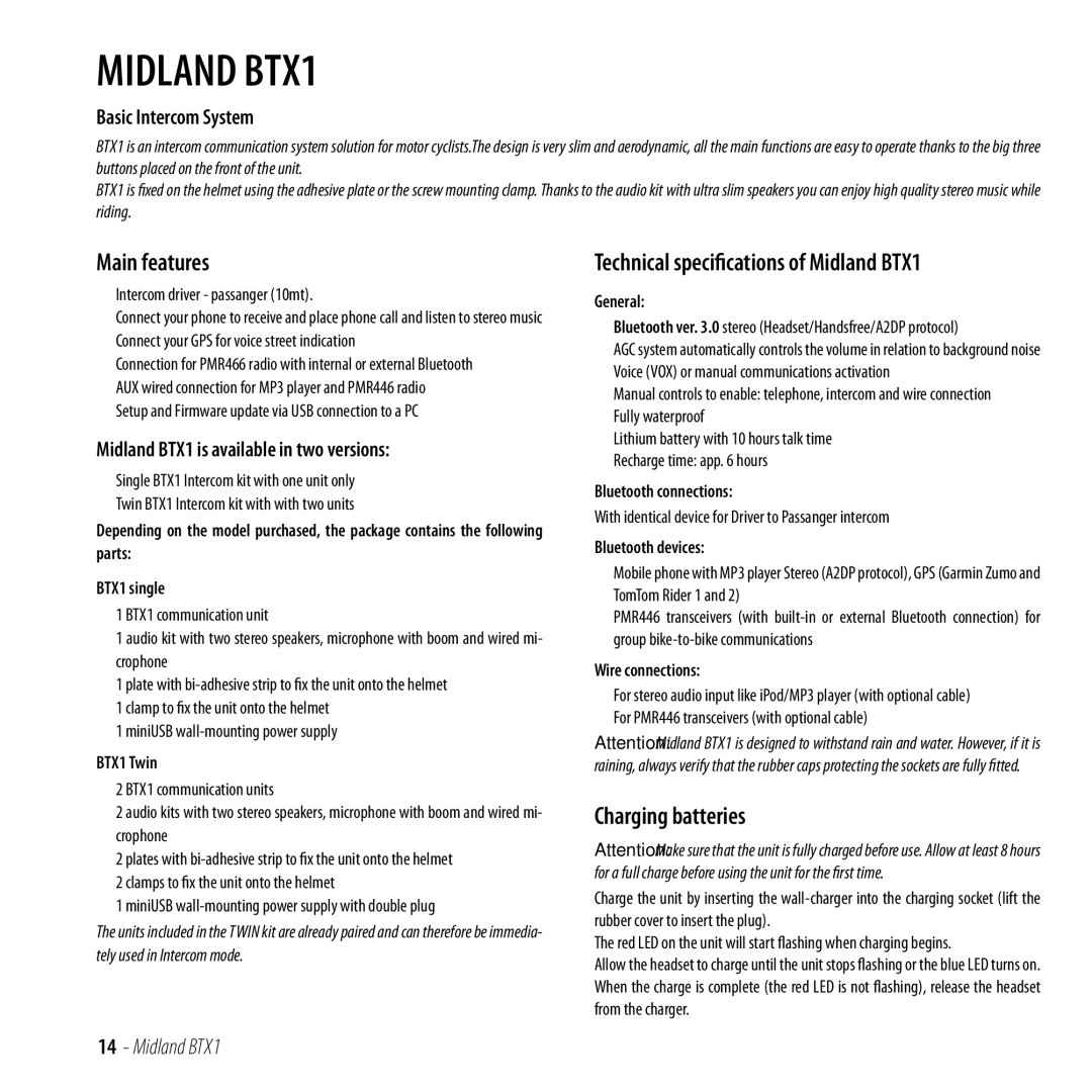 Midland Radio manual Main features, Technical specifications of Midland BTX1, Charging batteries 