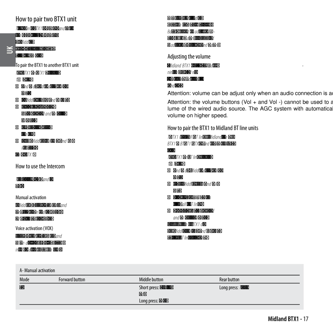 Midland Radio manual How to pair two BTX1 unit, How to use the Intercom, Adjusting the volume 