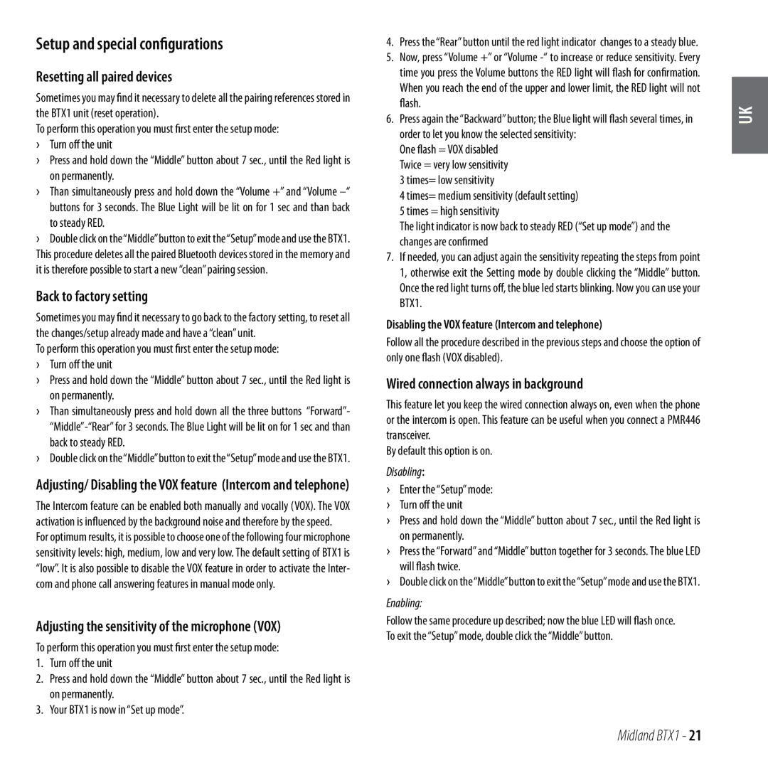 Midland Radio BTX1 manual Setup and special configurations, Resetting all paired devices, Back to factory setting 