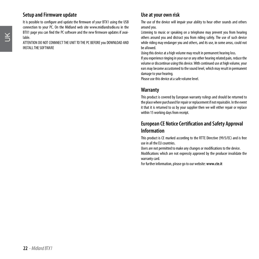 Midland Radio BTX1 Setup and Firmware update Use at your own risk, Warranty, Please use this device at a safe volume level 