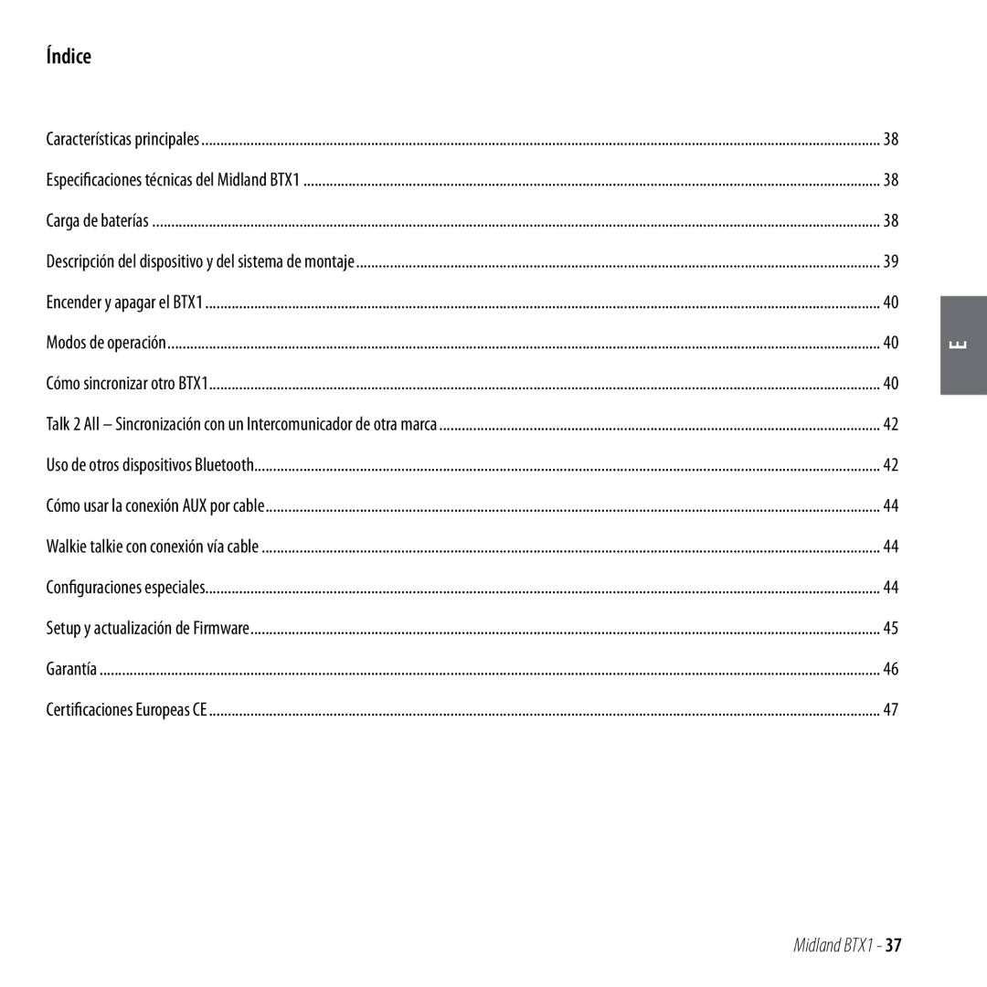 Midland Radio BTX1 manual Índice 