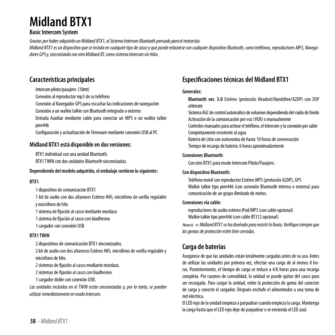 Midland Radio manual Características principales, Carga de baterías, Especificaciones técnicas del Midland BTX1 