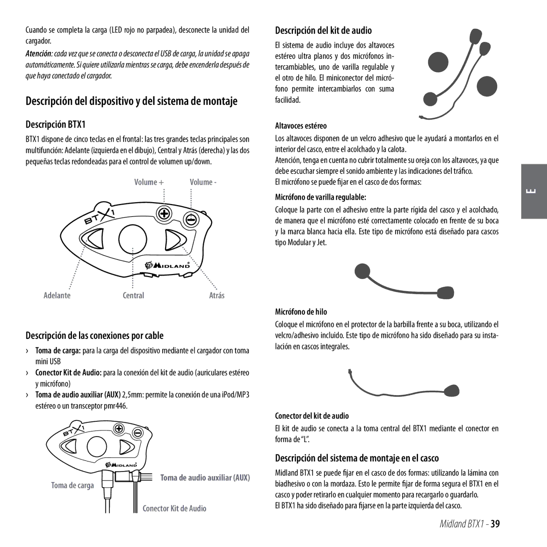 Midland Radio manual Descripción BTX1, Descripción del kit de audio, Descripción de las conexiones por cable 