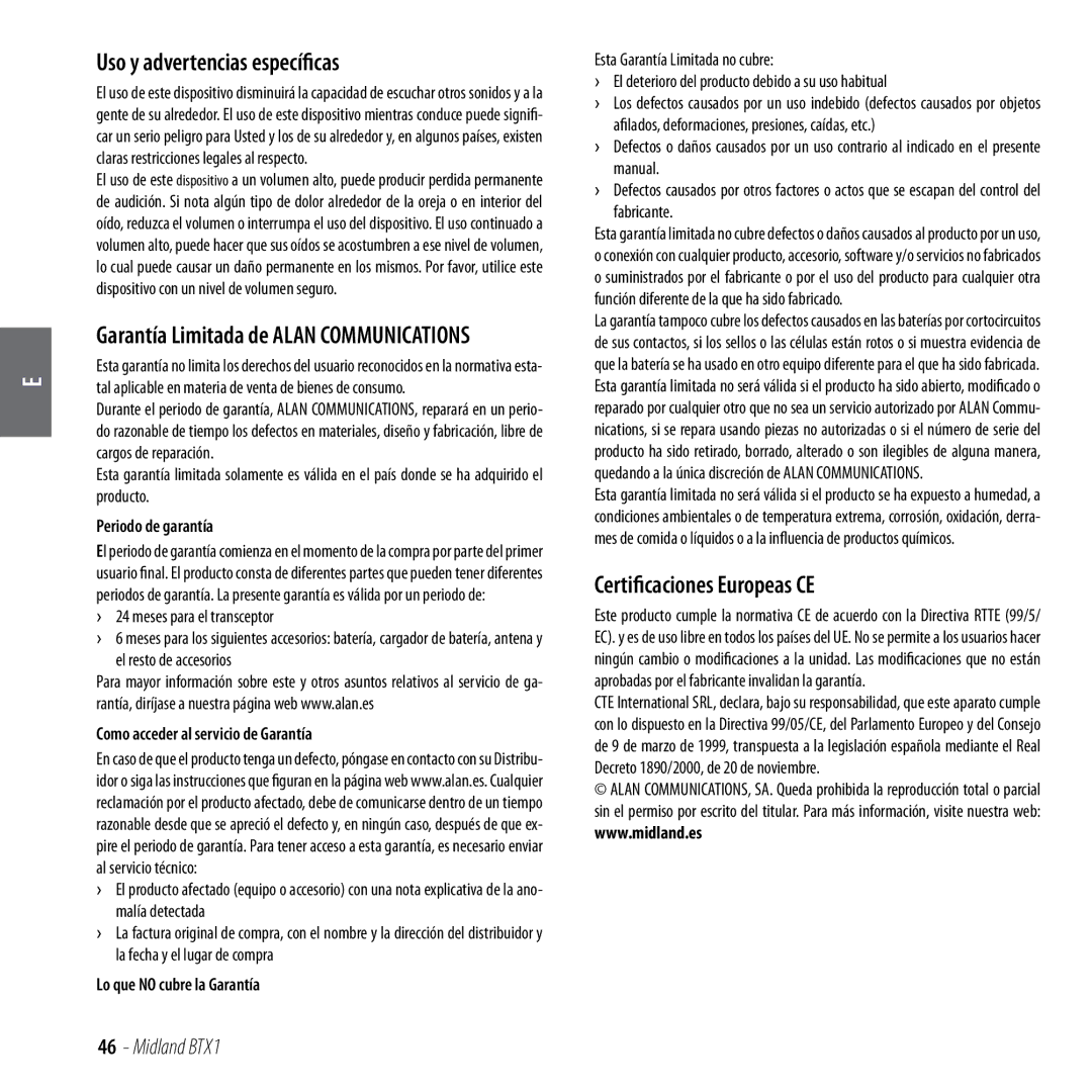 Midland Radio BTX1 Uso y advertencias específicas, Certificaciones Europeas CE, Garantía Limitada de Alan Communications 