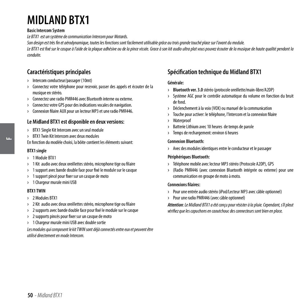 Midland Radio manual Caractéristiques principales, Spécification technique du Midland BTX1 