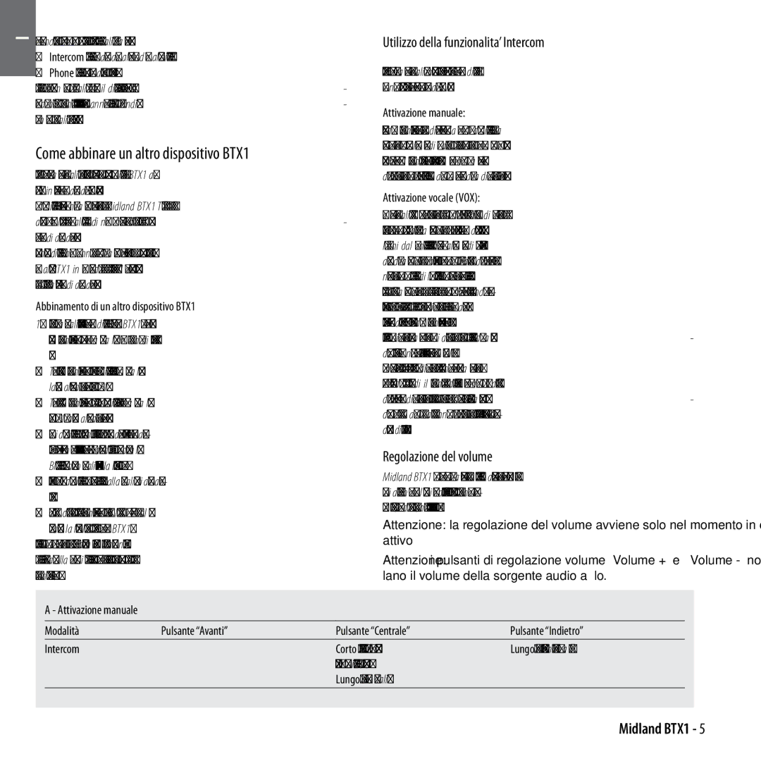 Midland Radio Come abbinare un altro dispositivo BTX1, Utilizzo della funzionalita’ Intercom, Regolazione del volume 