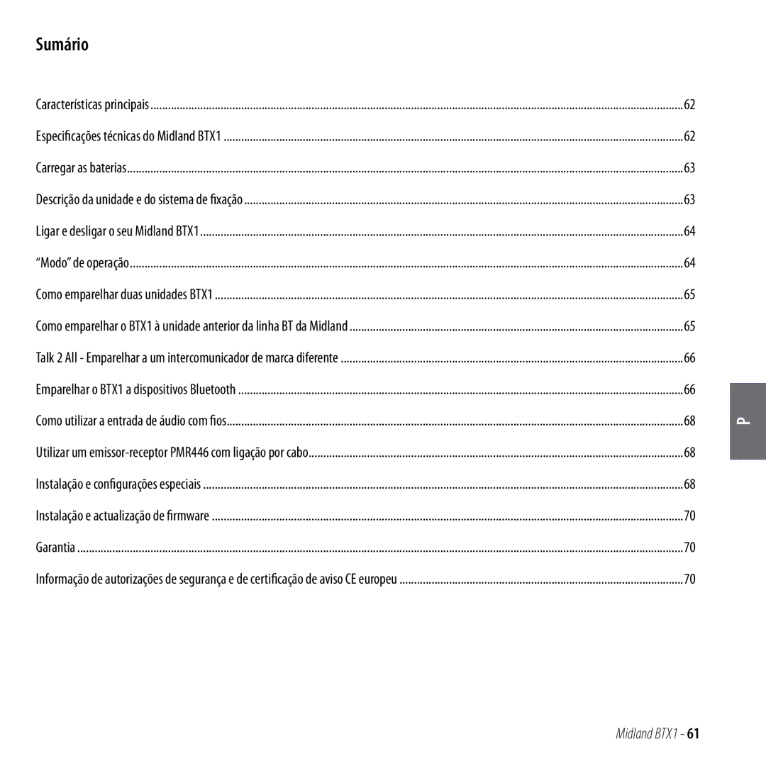 Midland Radio BTX1 manual Sumário 