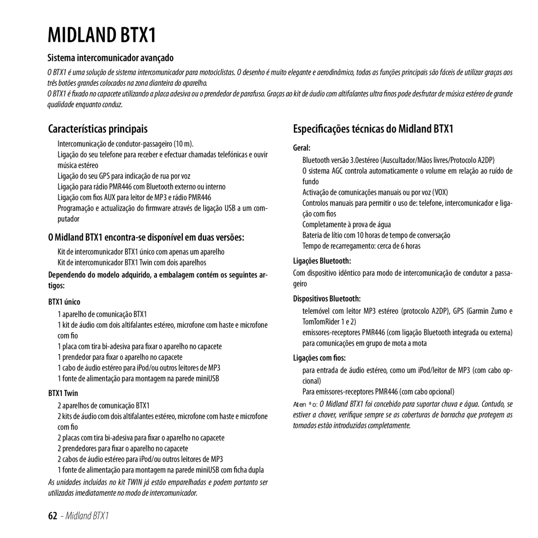 Midland Radio BTX1 manual Características principais, Sistema intercomunicador avançado 