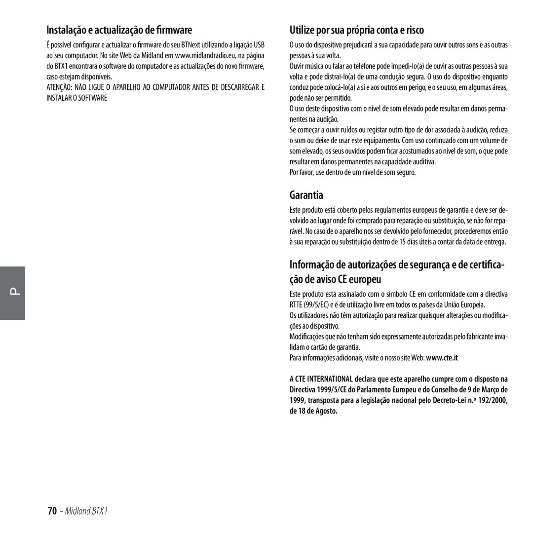 Midland Radio BTX1 manual Instalação e actualização de firmware, Utilize por sua própria conta e risco, Garantia 