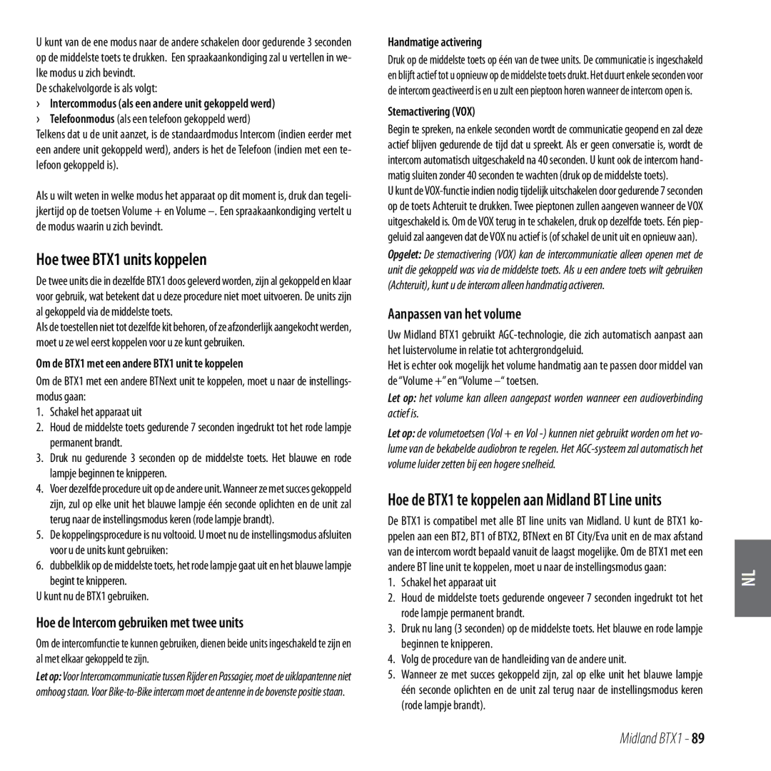 Midland Radio manual Hoe twee BTX1 units koppelen, Hoe de Intercom gebruiken met twee units, Aanpassen van het volume 