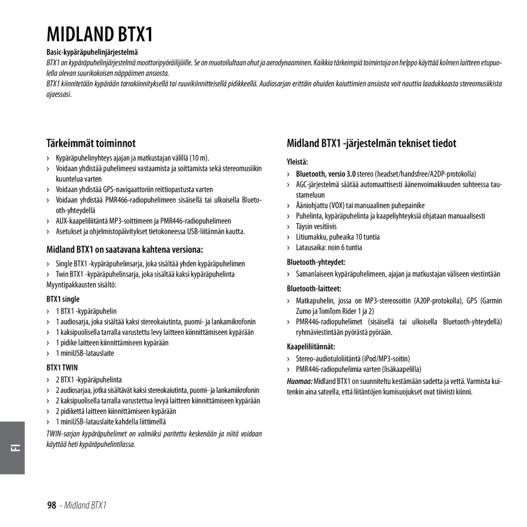 Midland Radio manual Tärkeimmät toiminnot, Midland BTX1 -järjestelmän tekniset tiedot 