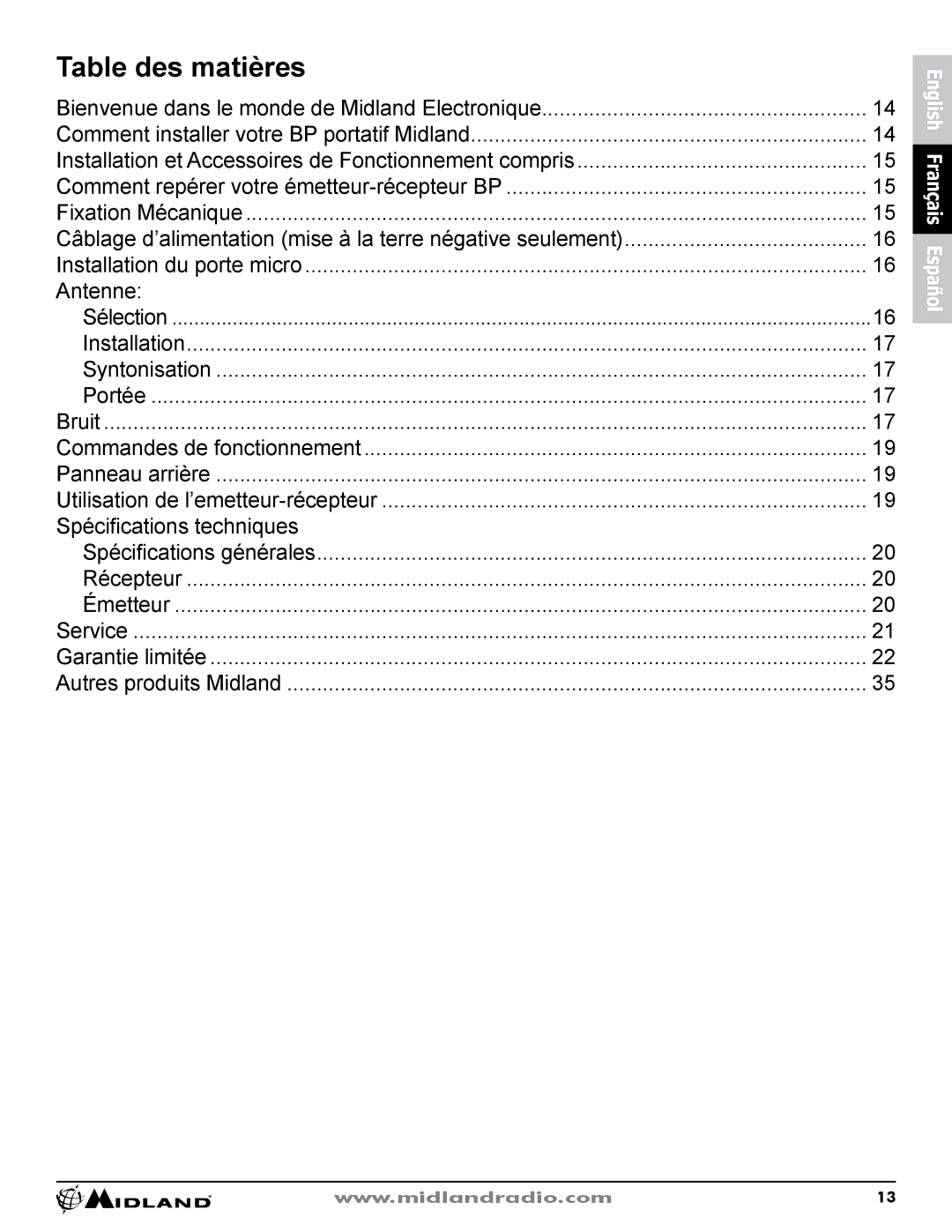 Midland Radio CB-1 owner manual Table des matières, Spécifications techniques 