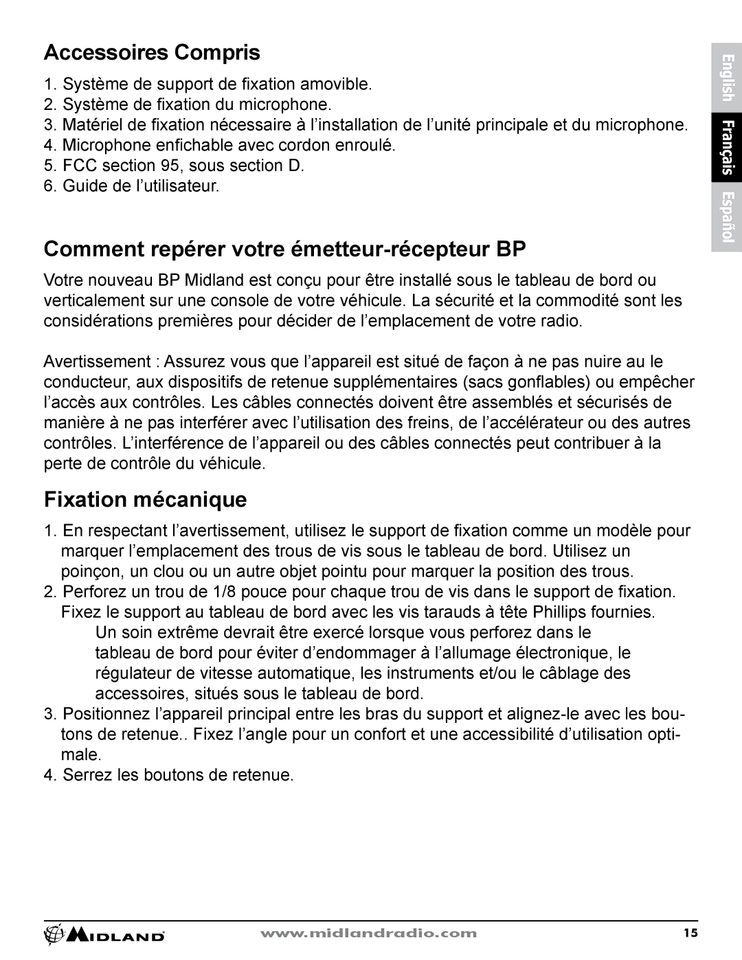 Midland Radio CB-1 owner manual Accessoires Compris, Comment repérer votre émetteur-récepteur BP, Fixation mécanique 