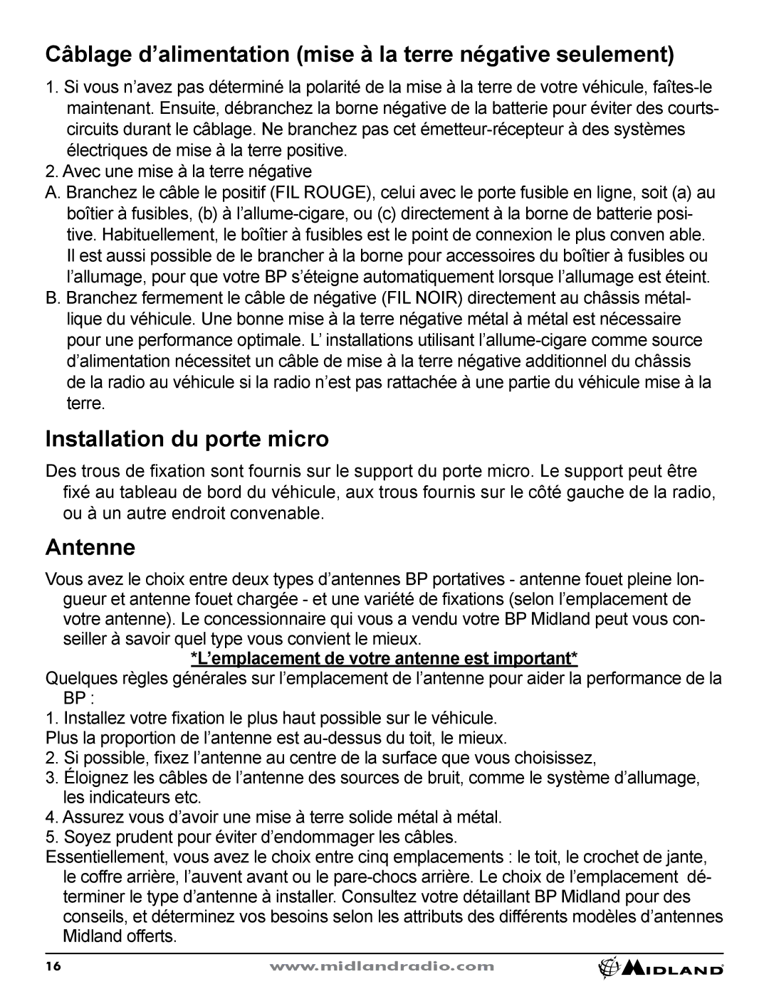 Midland Radio CB-1 Câblage d’alimentation mise à la terre négative seulement, Installation du porte micro, Antenne 