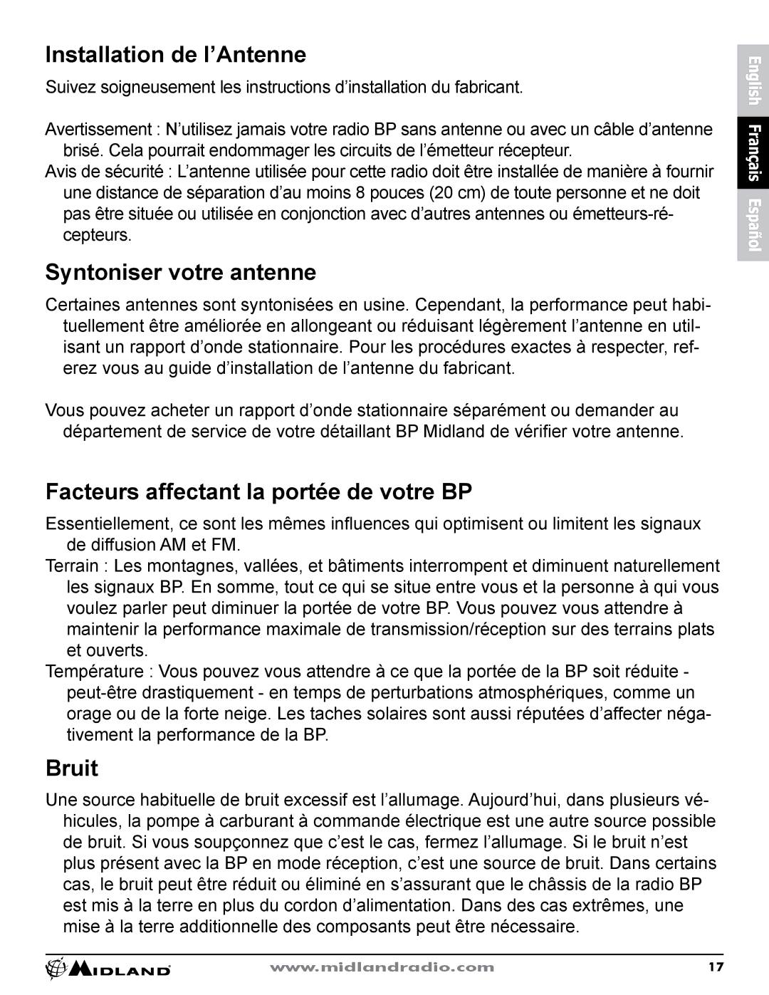 Midland Radio CB-1 Installation de l’Antenne, Syntoniser votre antenne, Facteurs affectant la portée de votre BP, Bruit 