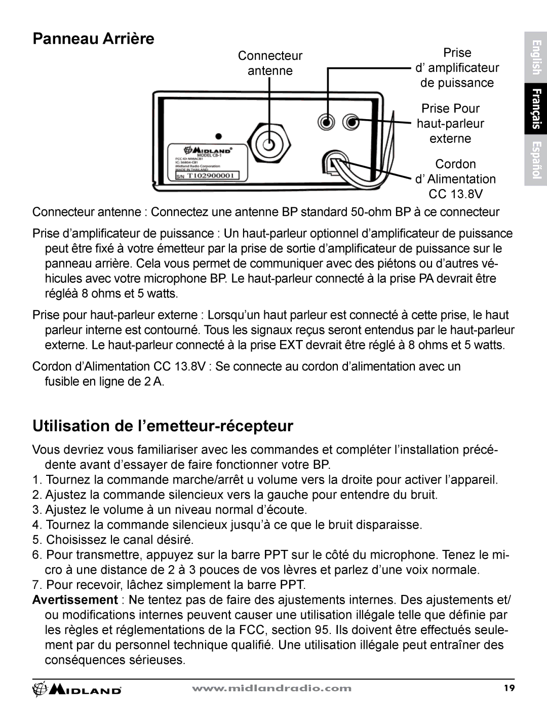 Midland Radio CB-1 owner manual Panneau Arrière, Utilisation de l’emetteur-récepteur 